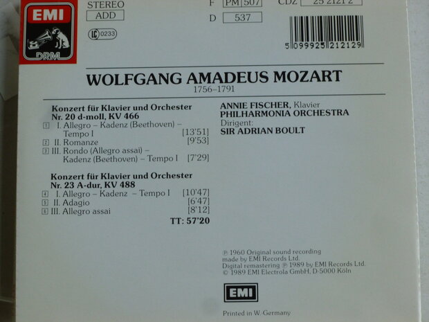 Mozart - Klavierkonzerte no 20, 23 / Annie Fischer, Sir Adrian Boult