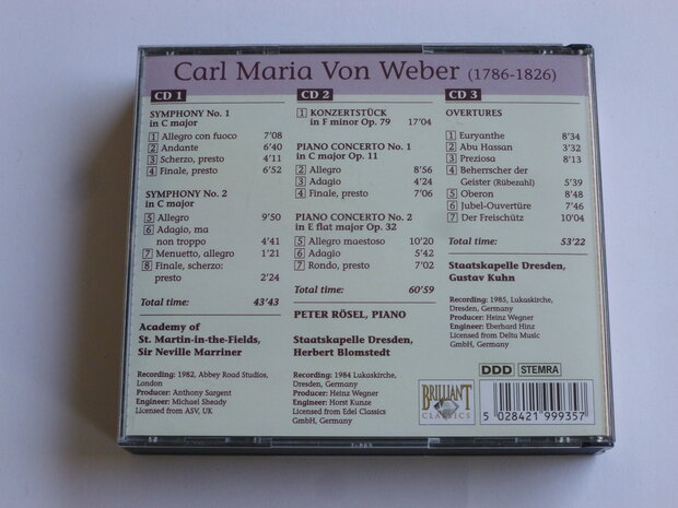 Von Weber - Piano Conc. Symphonies, Overtures / Marriner, Blomstedt (3 CD)