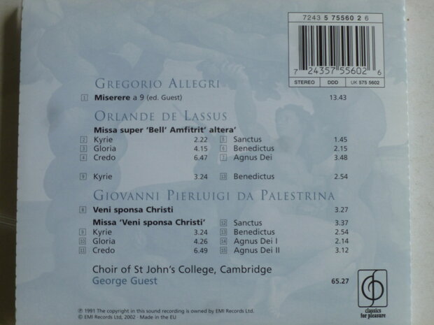 Allegri, Lassus, Palestrina - Choir of St. John's College, Cambridge , George Guest